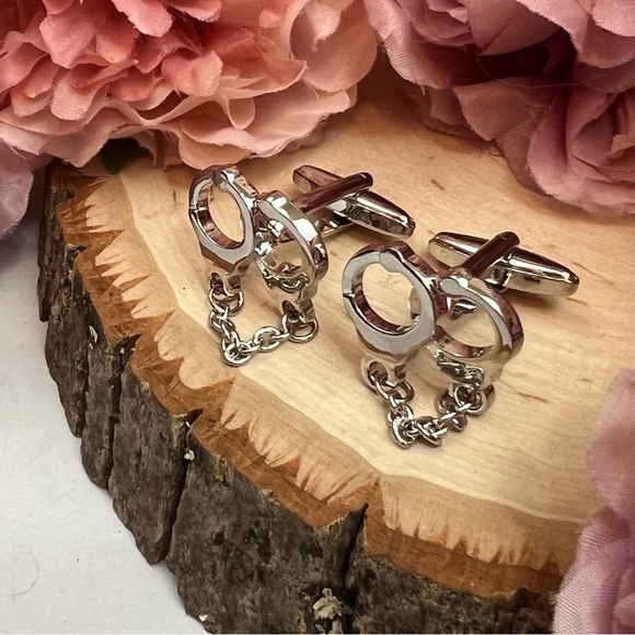 Silver Handcuff Cufflinks with Chain - Picture 3 of 14